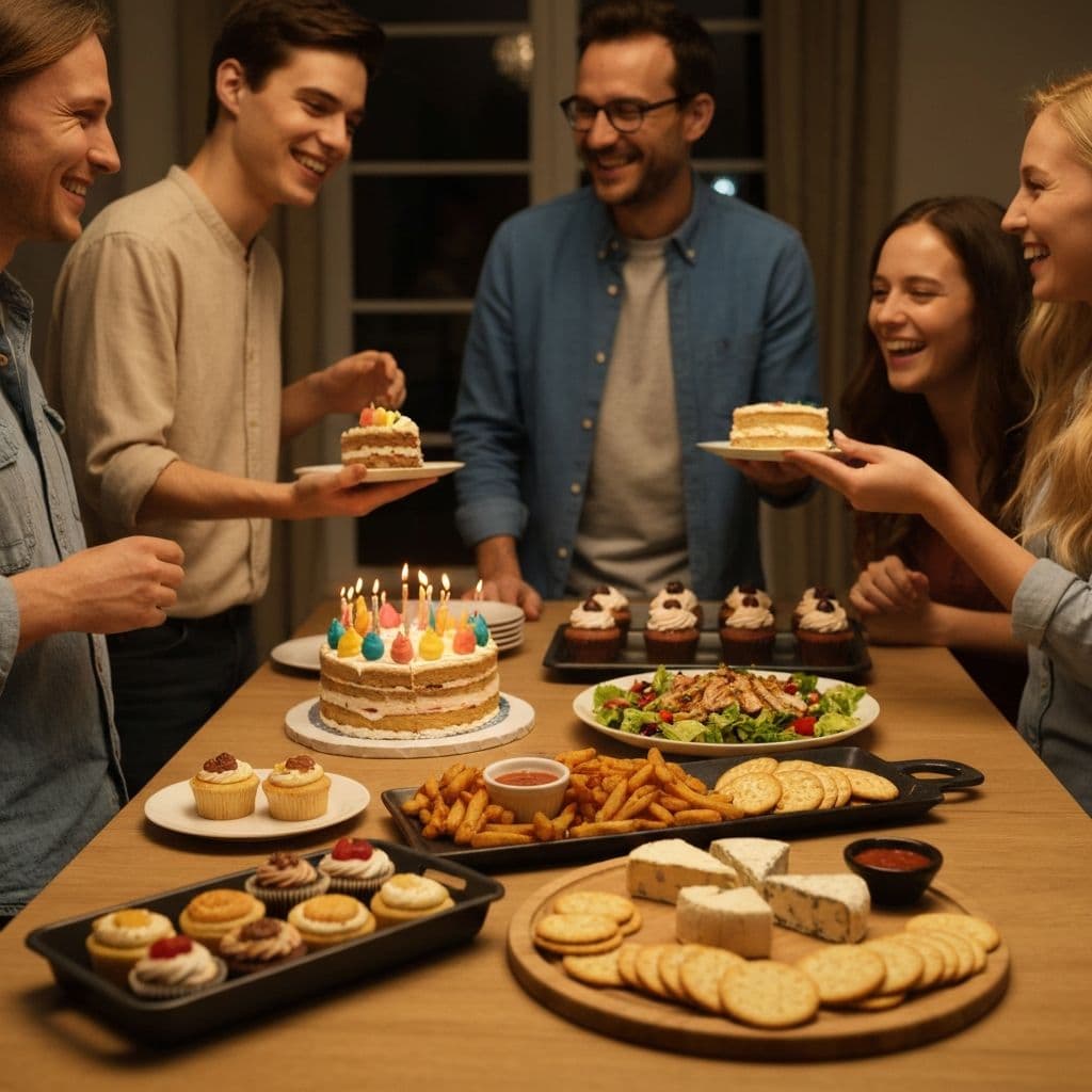 Friends sharing food around a table at a birthday party