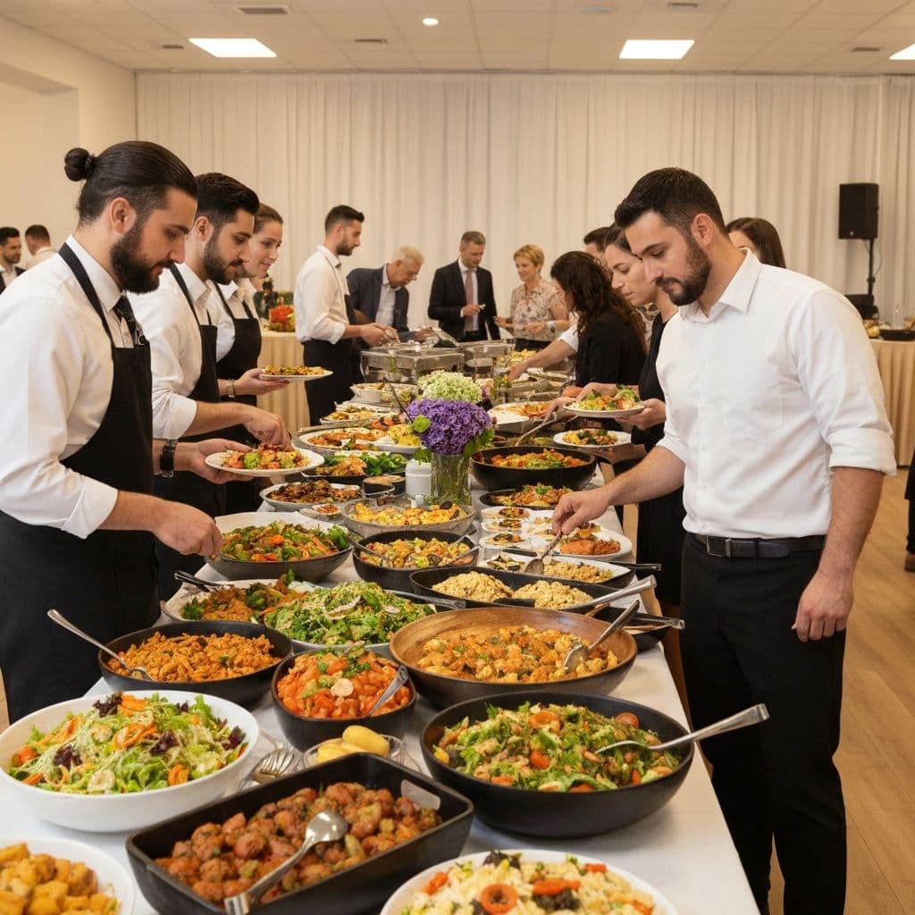 Catering staff serving guests along a buffet table