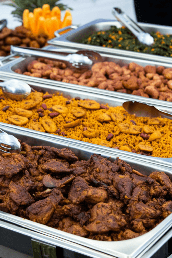 Buffet trays of Jamaican dishes